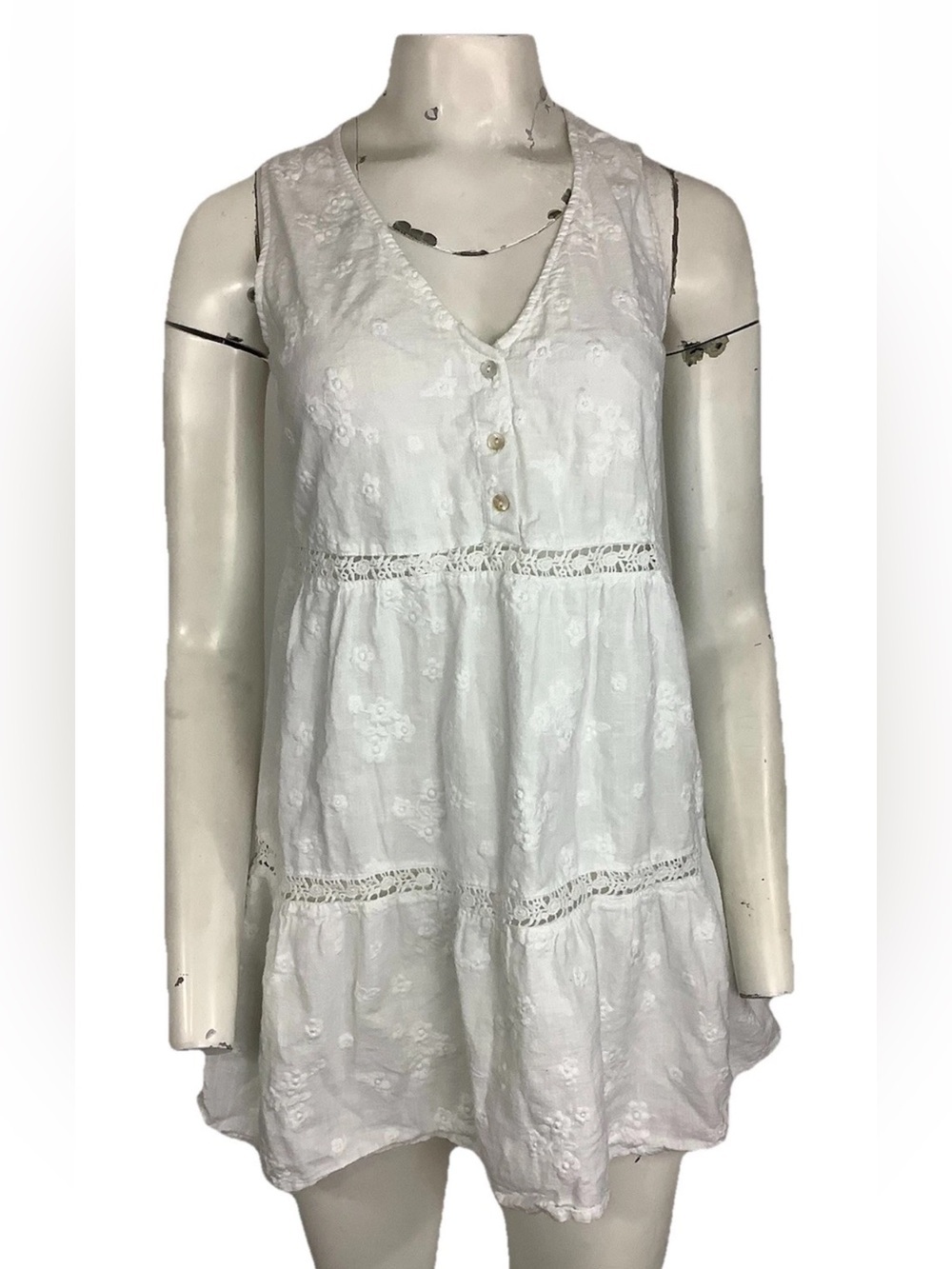 C&C California Sz S 100% Cotton Floral Embroider Mini Boho Beach Dress White